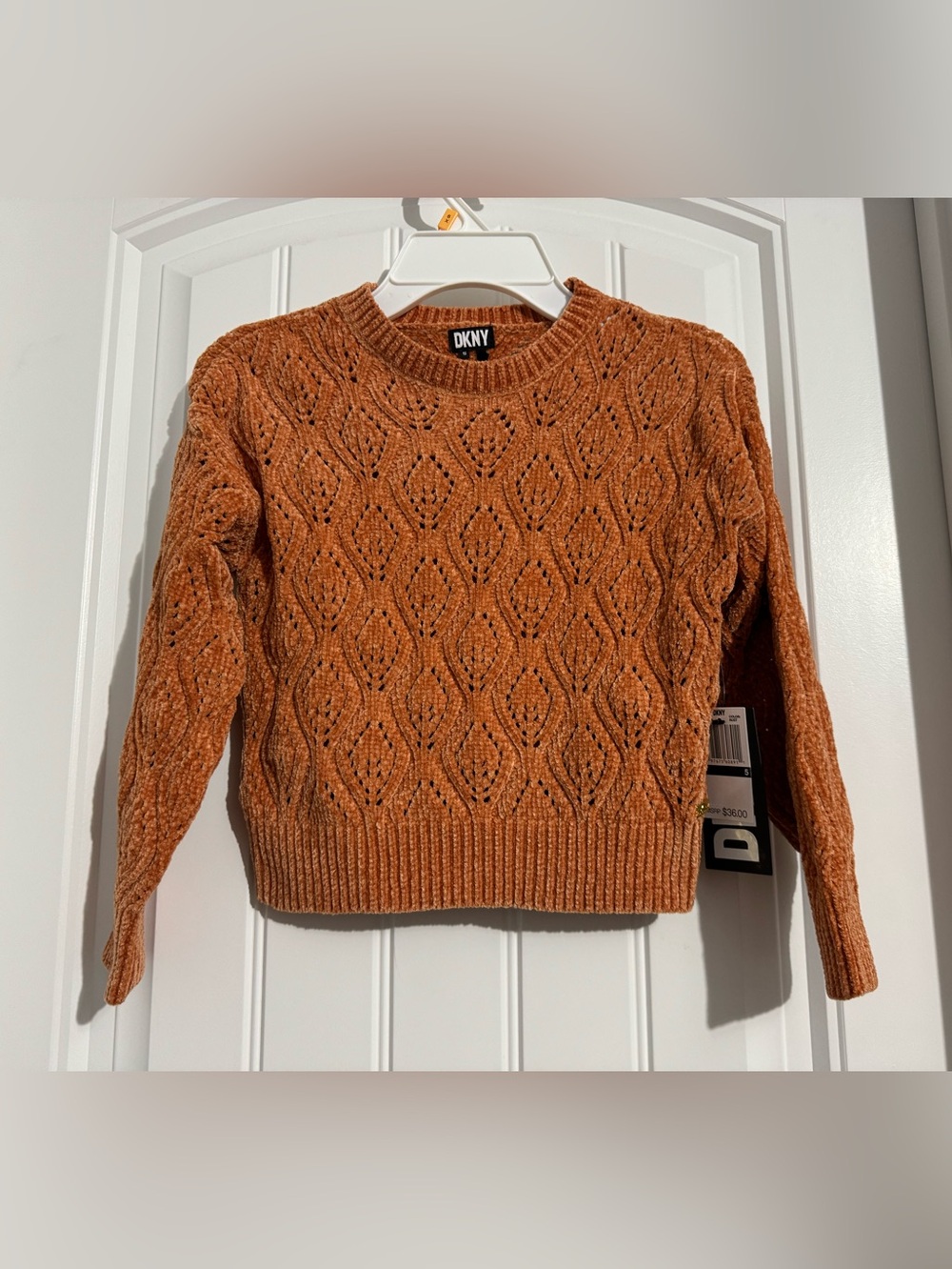 Pretty DKNY girls size 5 rust color chenille feel pullover sweater new